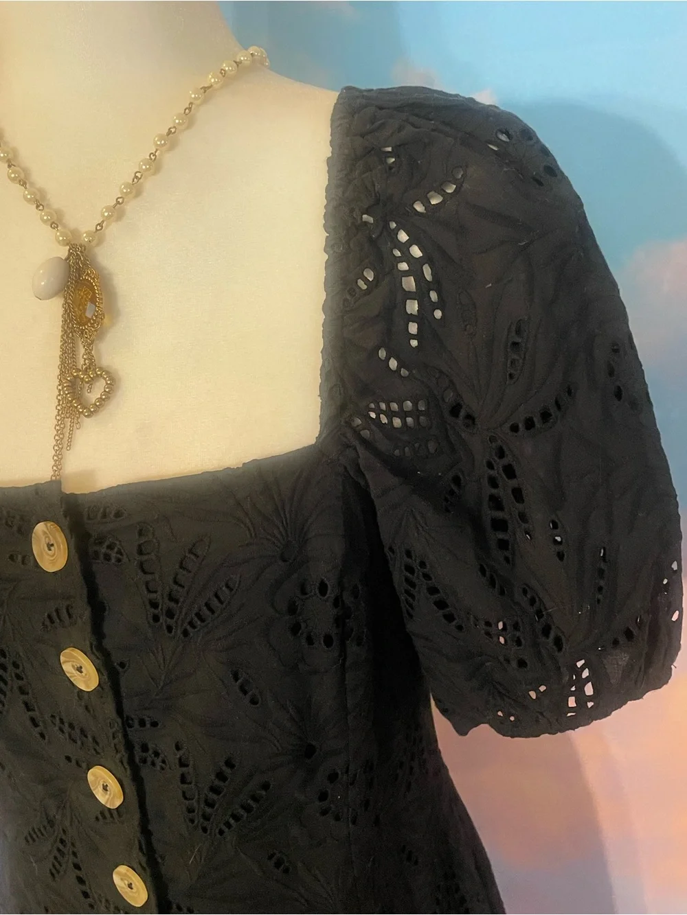 Lovely Free People Black Eyelet Puff Sleeve Button-Front Mini Dress